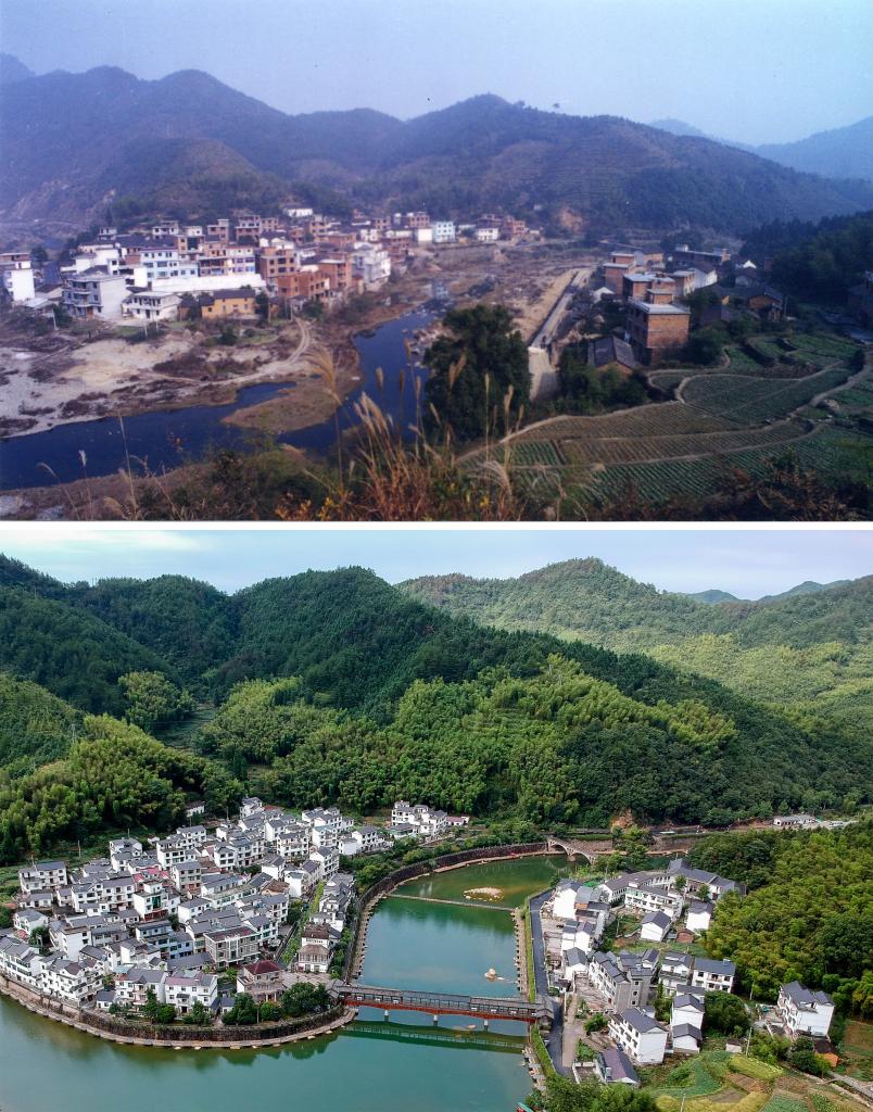 圖為浙江省杭州市淳安縣楓樹(shù)嶺鎮(zhèn)下姜村拼版圖，其中上圖為資料照片、下圖由新華社記者張鋮攝。